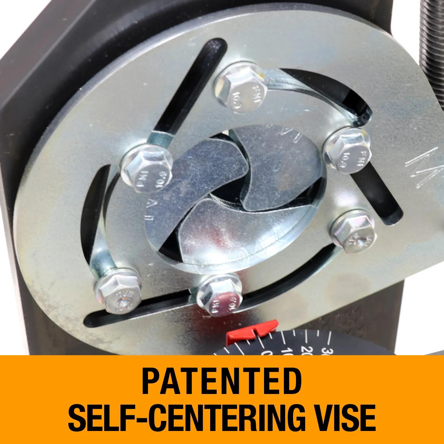 Our patented self-centering vise can clamp down anywhere on tube, including the middle of bends
