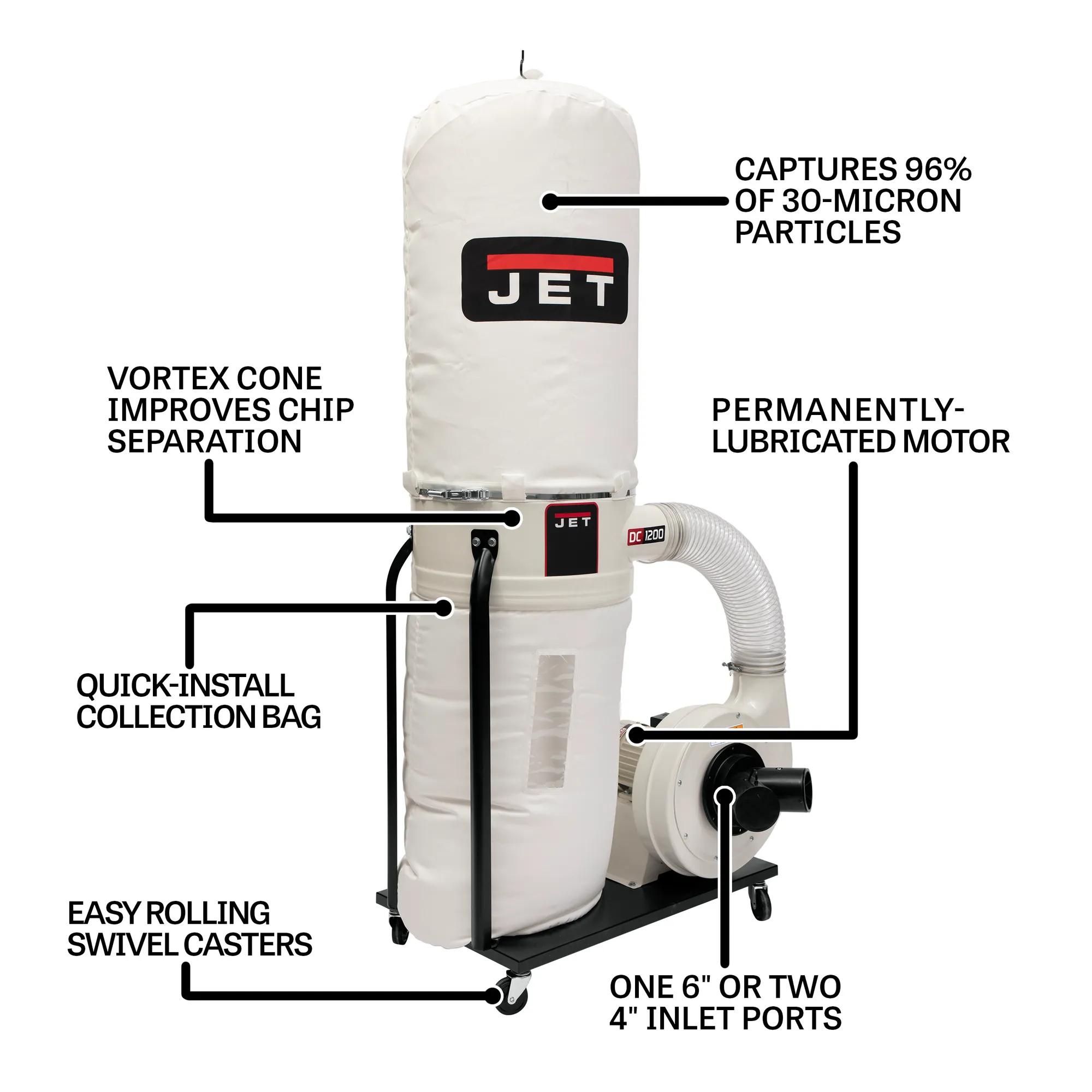 1200 CFM, Dust Collector, 30-Micron Bag Filter Kit, 2HP, 230V 1PH(DC-1200VX-BK1)
