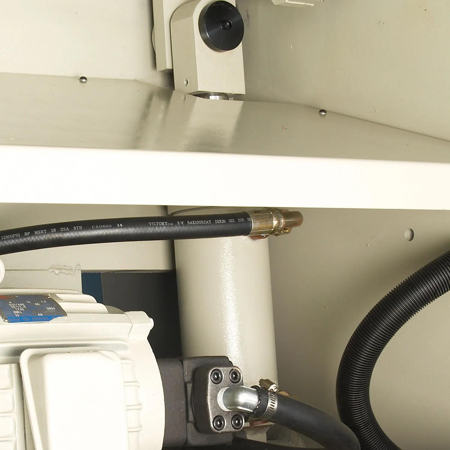 Industrial-grade hydraulic system is in the front for easy fluid changes and shearing carriage rides on hardened ways and uses heavy-duty bearings to reduce friction