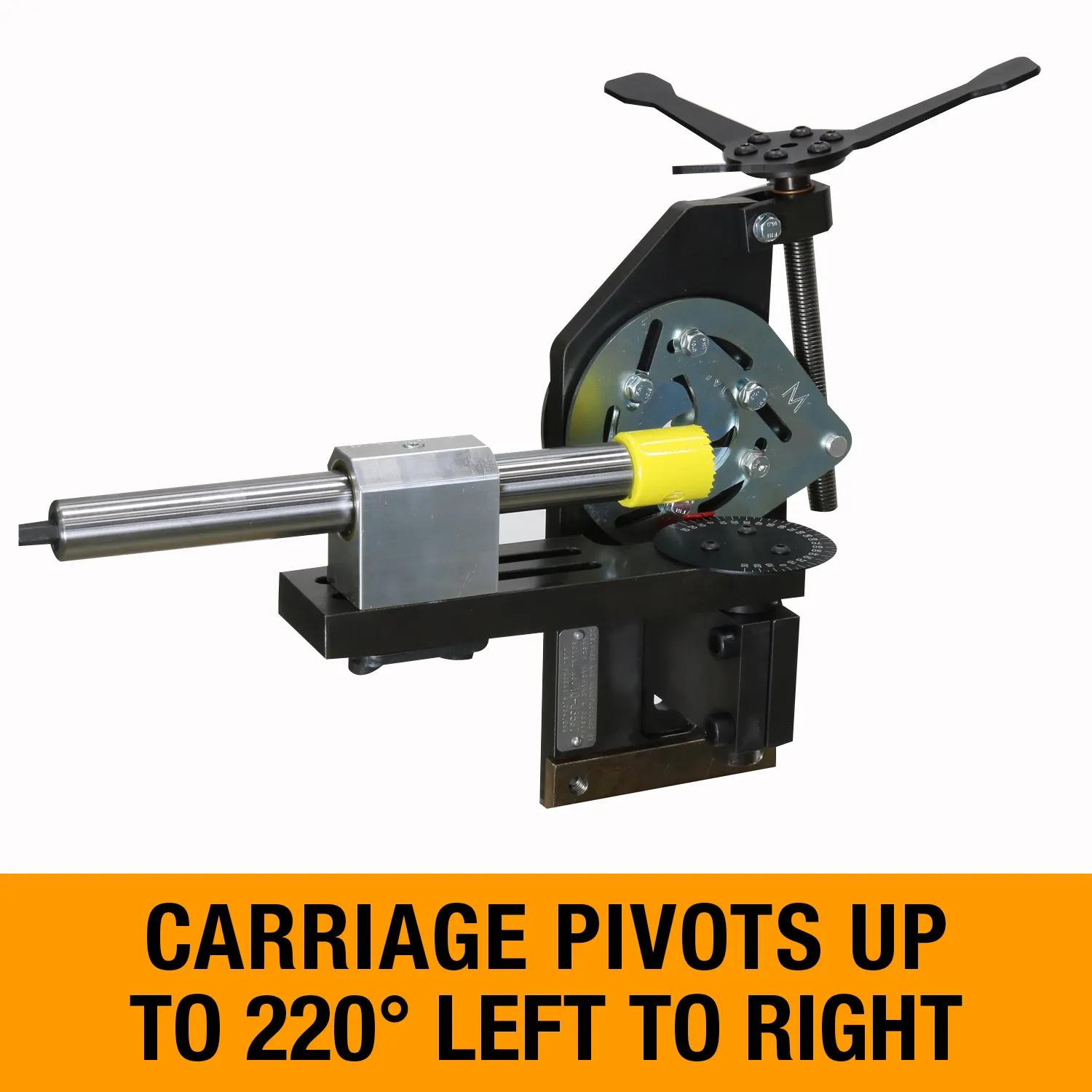 Carriage pivots up to 220° left to right, so you can come from the “back side” of the notch