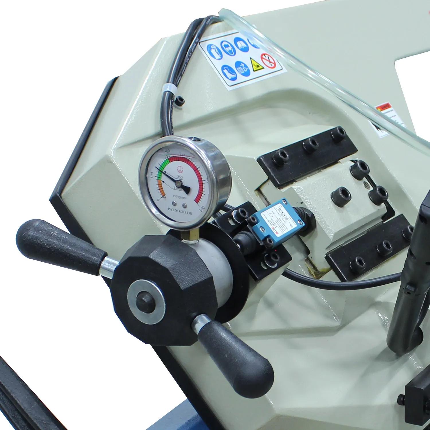 Apply or release blade tension through the hand wheel and gauge. 