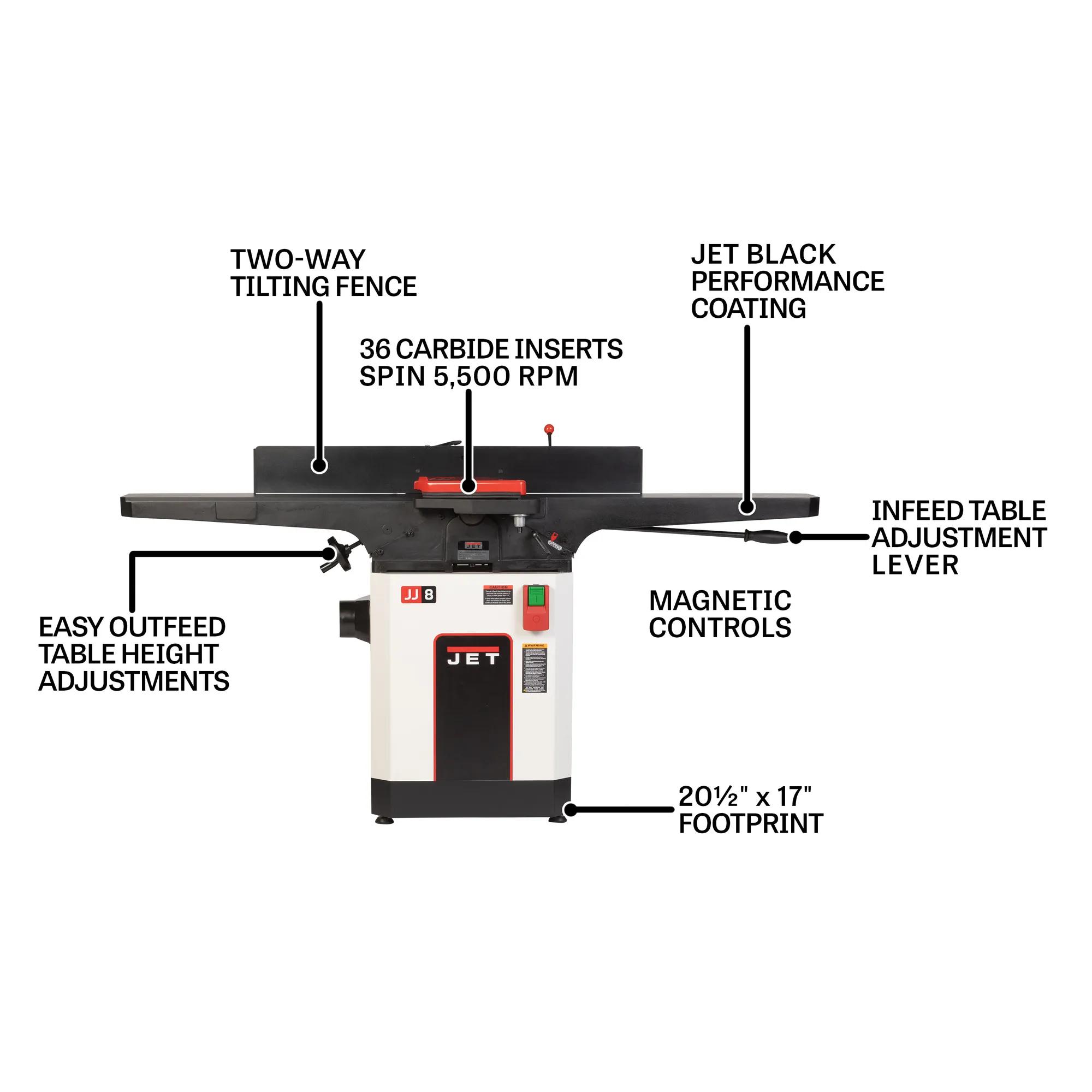 8"  Black Helical Head Jointer, 2HP, 230V 1PH(JWJ-8HH-BLK)