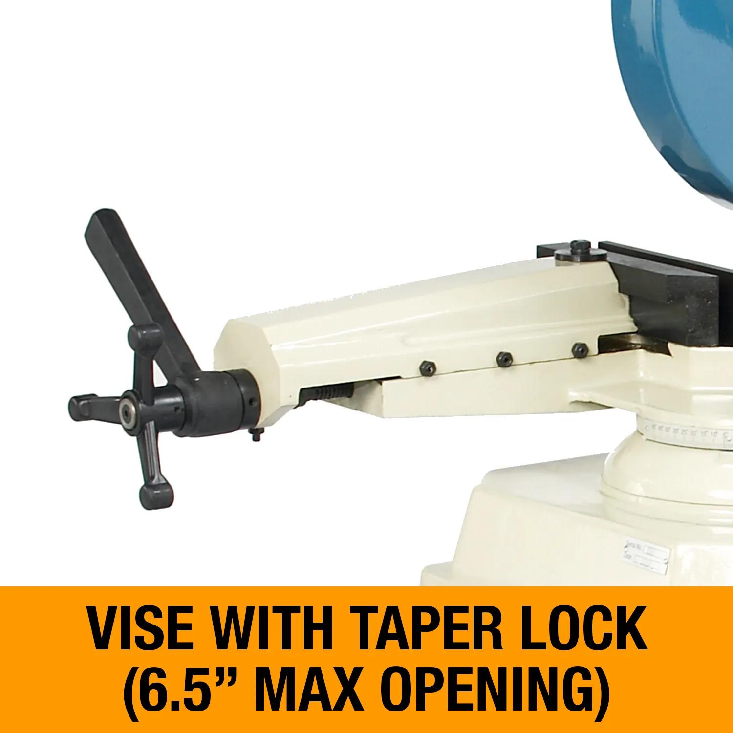 Vise with taper clock holds material up to 6.5 inches