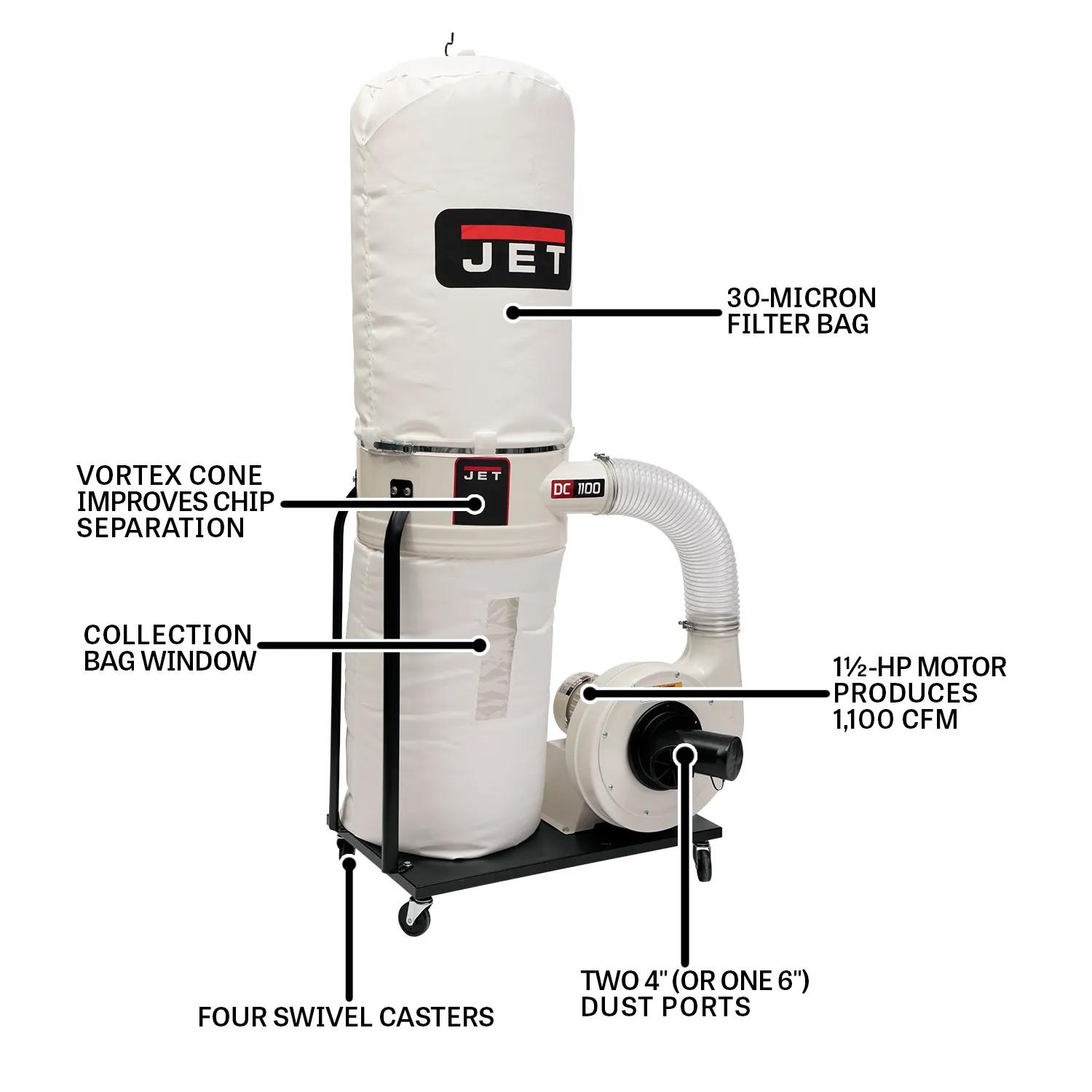 1100 CFM, Dust Collector, 30-Micron Bag Filter Kit, 1.5HP, 115/230V 1PH(DC-1100VX-BK)