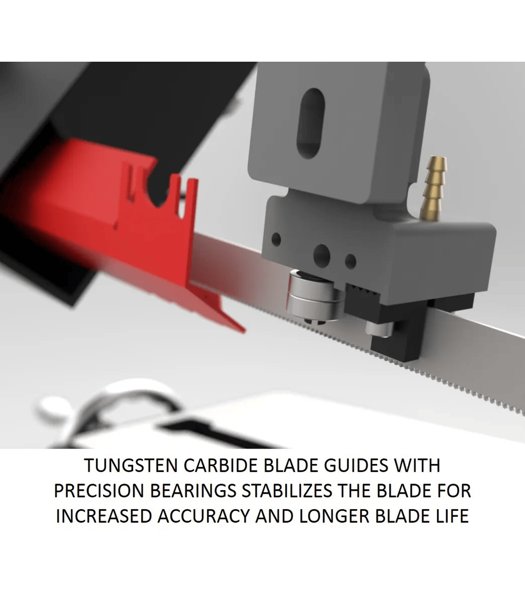 Tungsten carbide blade guides with precision bearings stabilizes the blade for increased accuracy and longer blade life