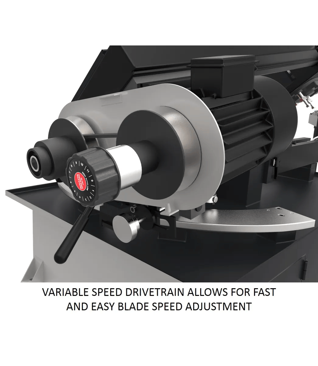 Variable speed drivetrain allows for fast and easy blade speed adjustment