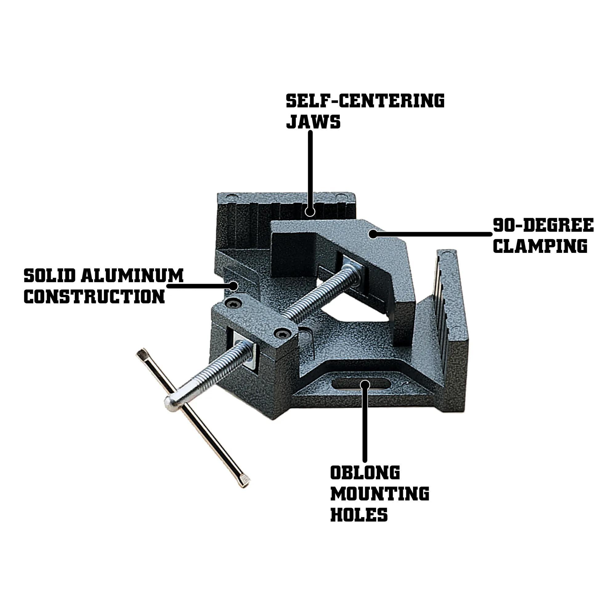 90Degree Angle Clamp, 4 in.  Throat, 2-3/4 in.  Miter Capacity, 1-3/8 in.  Jaw Height, 2-1/4 in.  Jaw Length