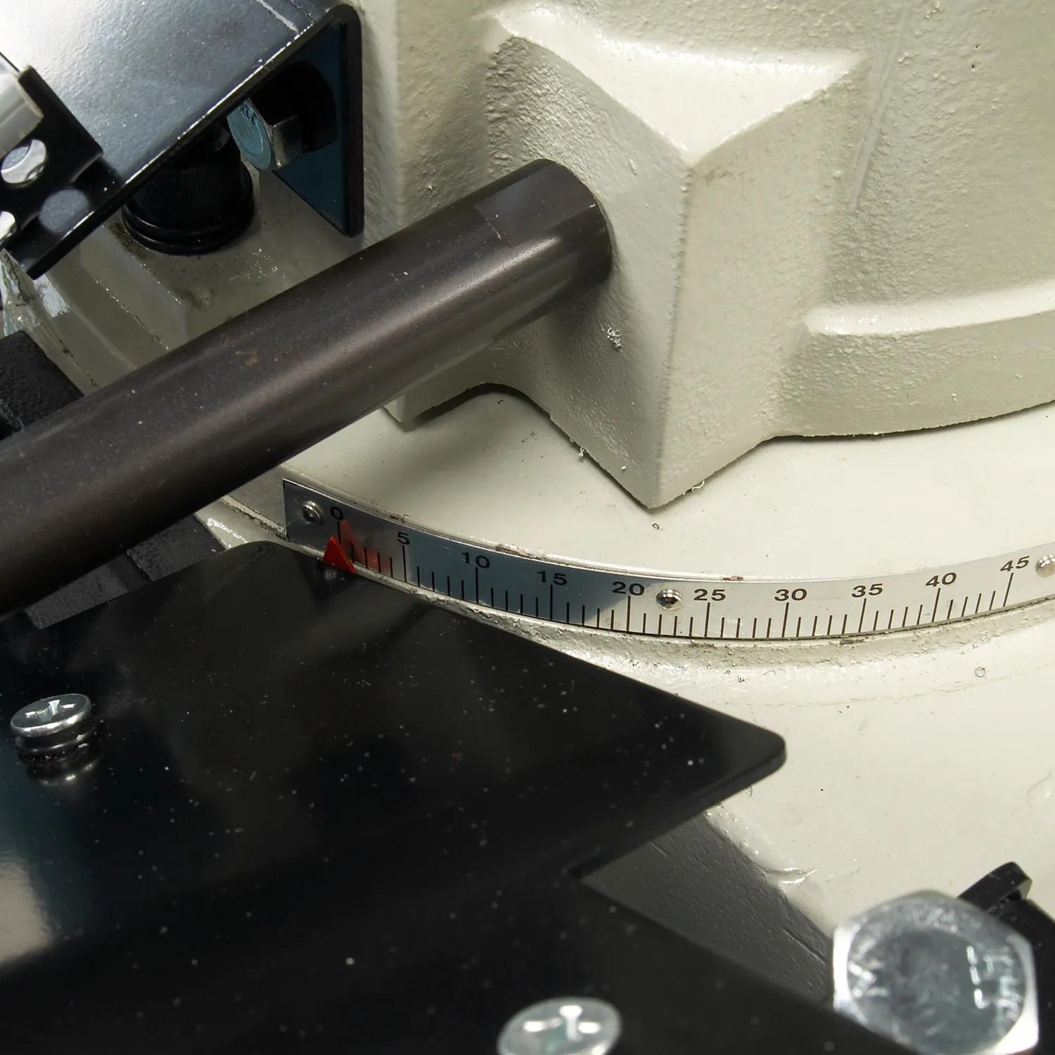 Swivel head for mitering allows for faster production times and less waste than you’d get with a moving vise