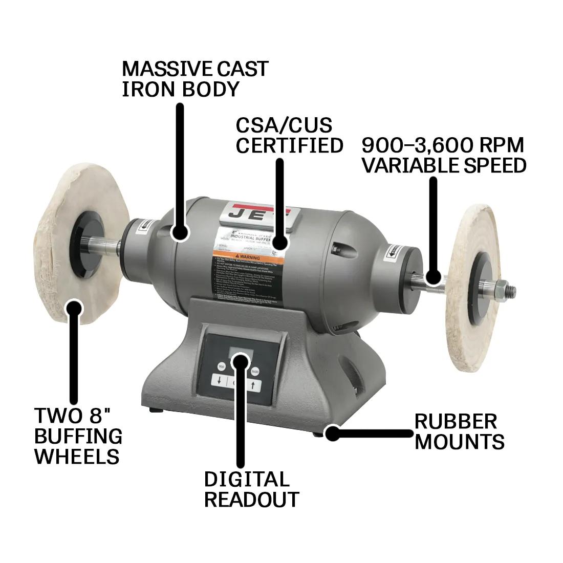 8" Vari. Speed Industrial Buffer, 1HP, 115/230V 1PH(IBG-8VSB)