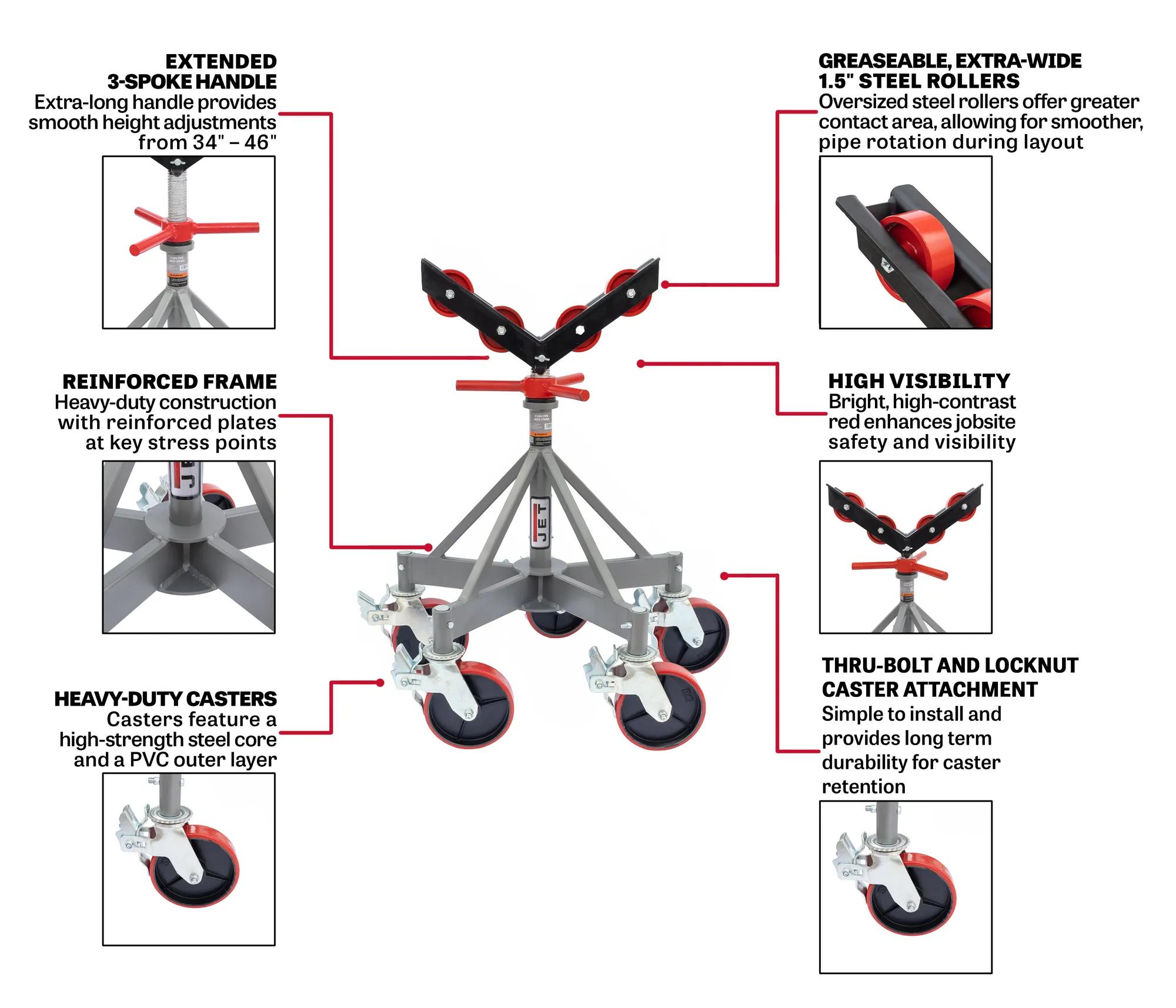 5-Leg Pipe Jack Stand w/ Casters & Steel Rollers(JPJ-5LG-SR)