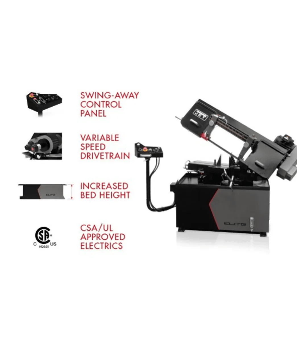 Highlights of the EHB-1018VMH Bandsaw include swing away control panel, variable speed drivetrain, increased bed height and CSA/CUS/UL approved electrics