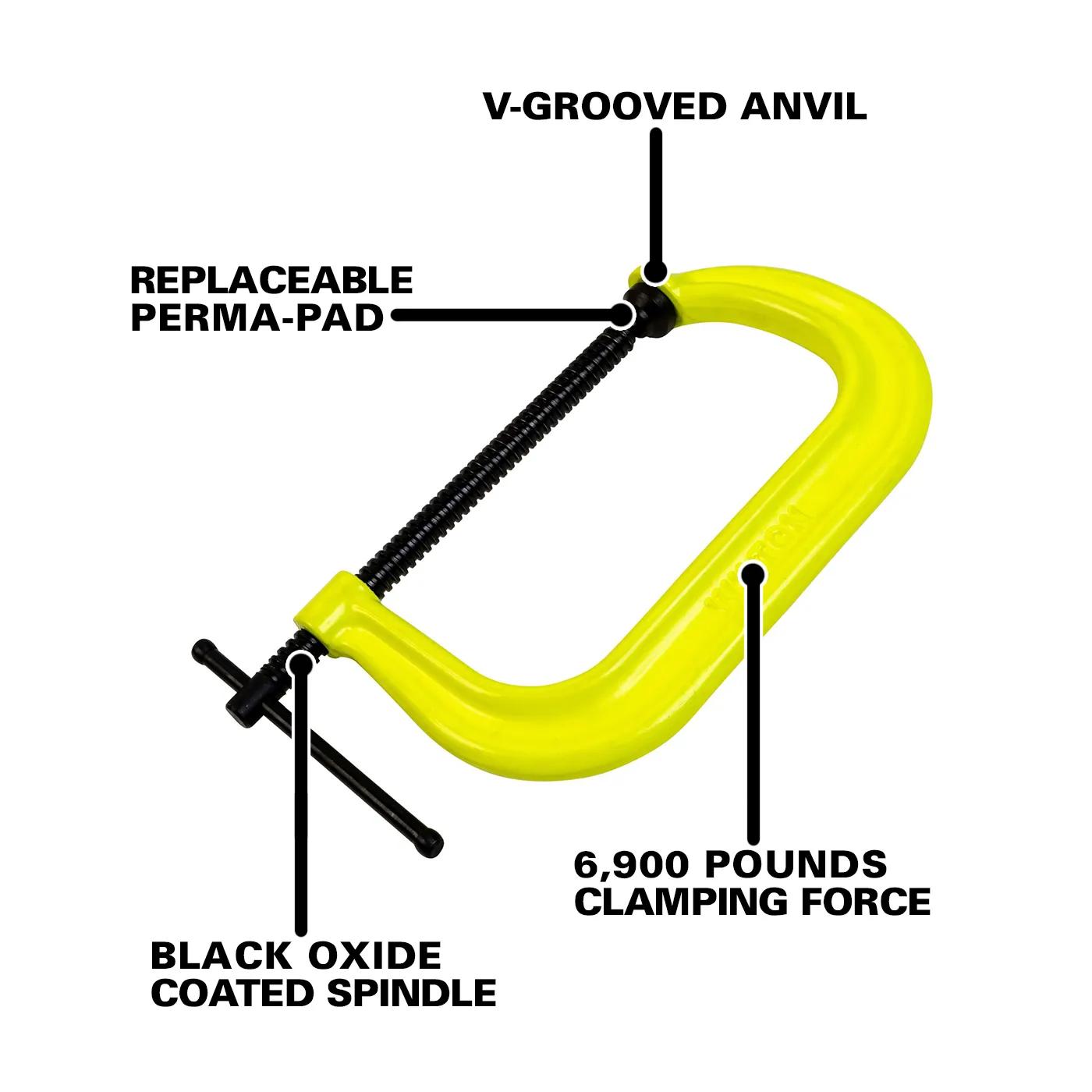 400 Series Hi-Vis Safety C-Clamp, 0 - 8-1/4 in. Opening, 5 in. Throat