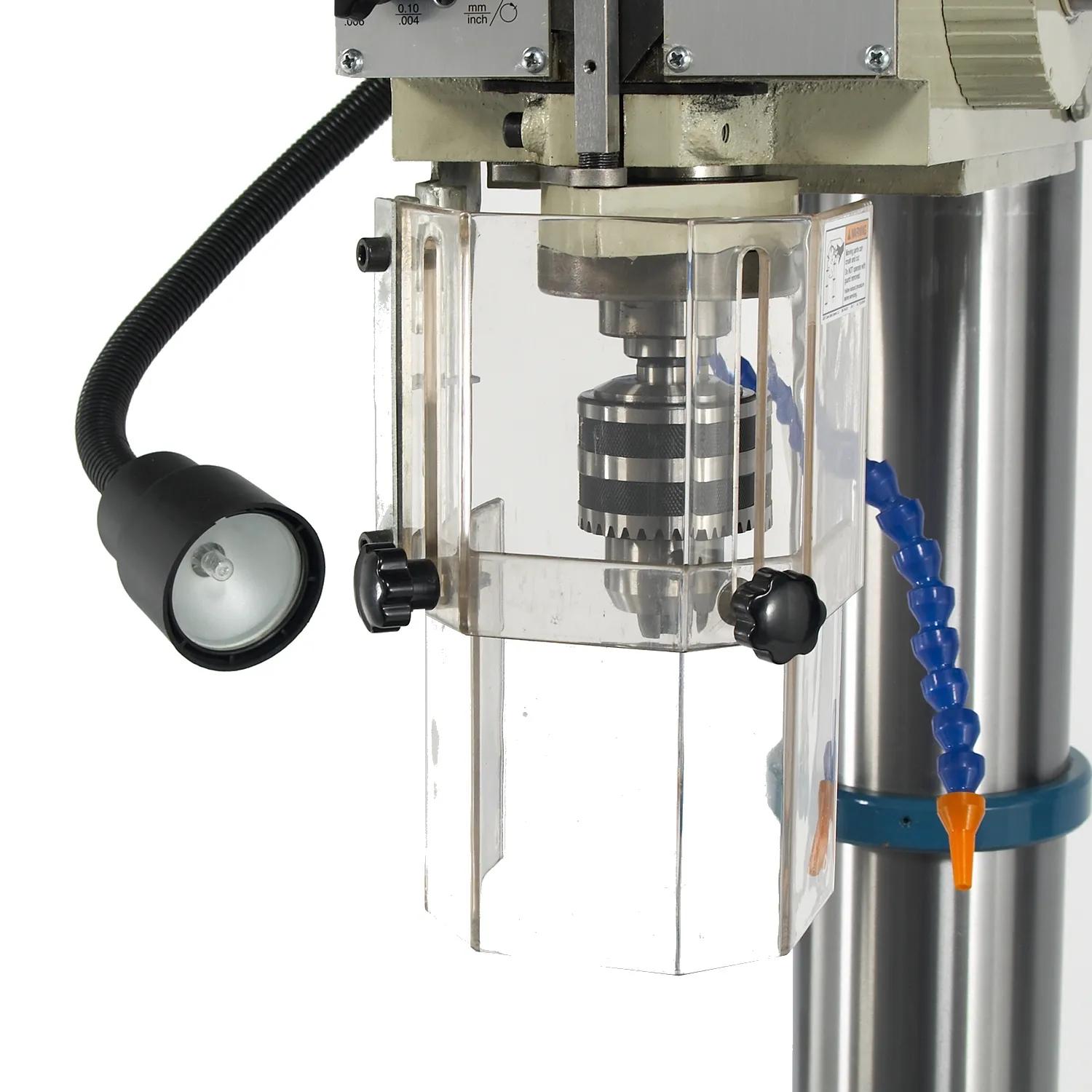 Protective shield around drill head keeps you and your shop safe