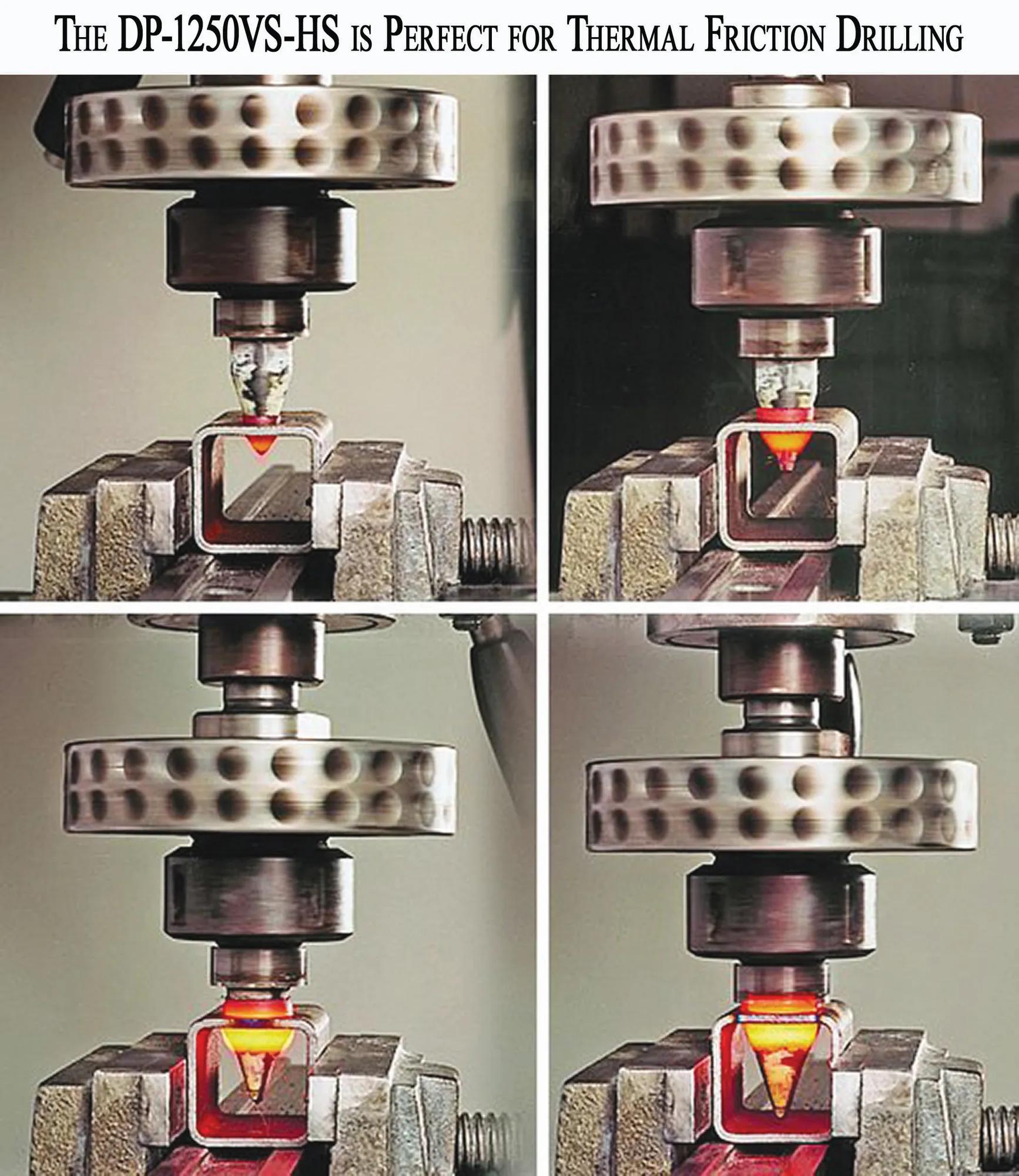 rotates at speeds above 3000 rpm which is perfect for thermal friction drilling (tooling not included). This process lets the drill bit melt through the material and creates “walls” that can then be tapped.