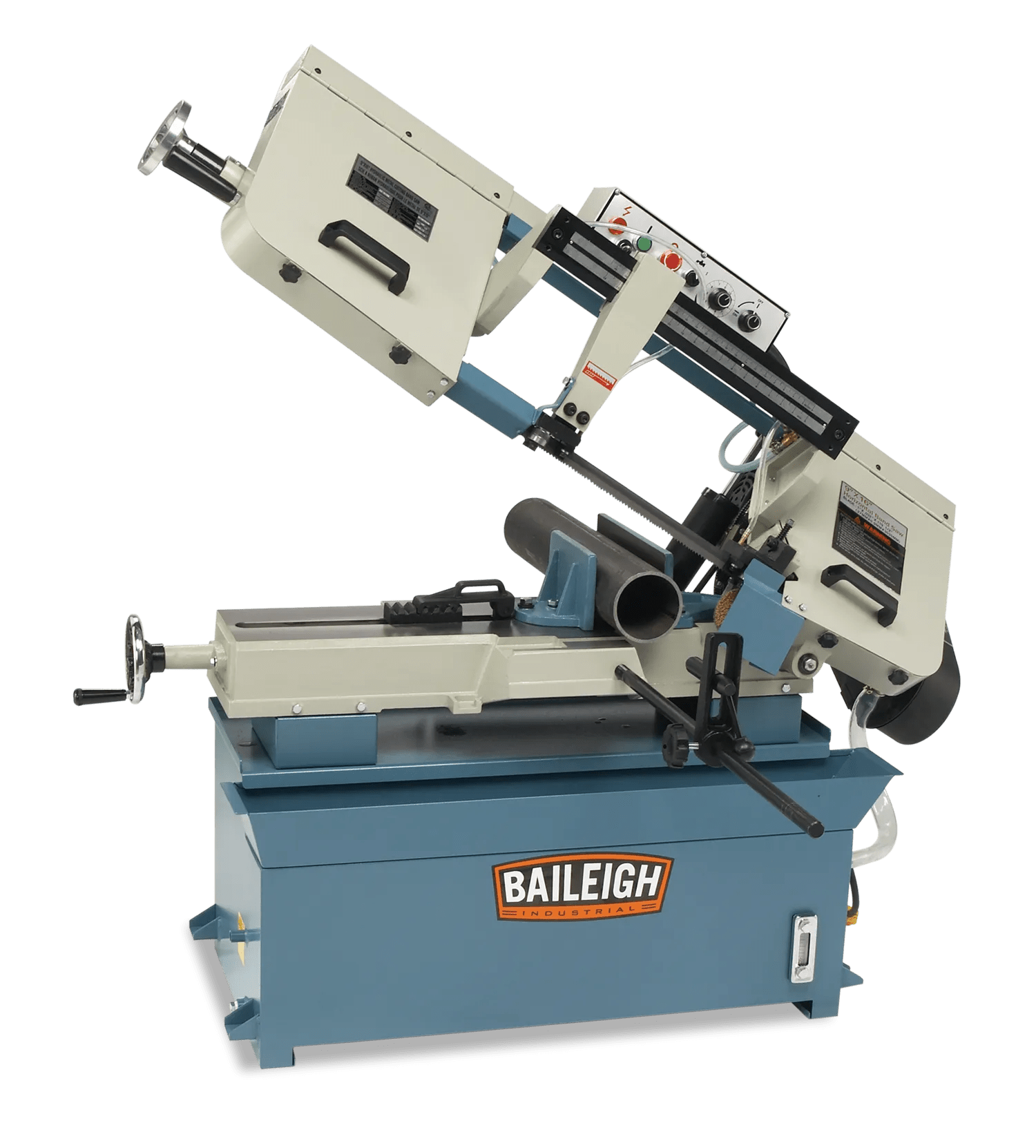 BS-916M metal cutting band saw has a compact footprint for small shops. This saw’s cast iron head and fully-welded steel base reduce vibration and ensure accuracy.