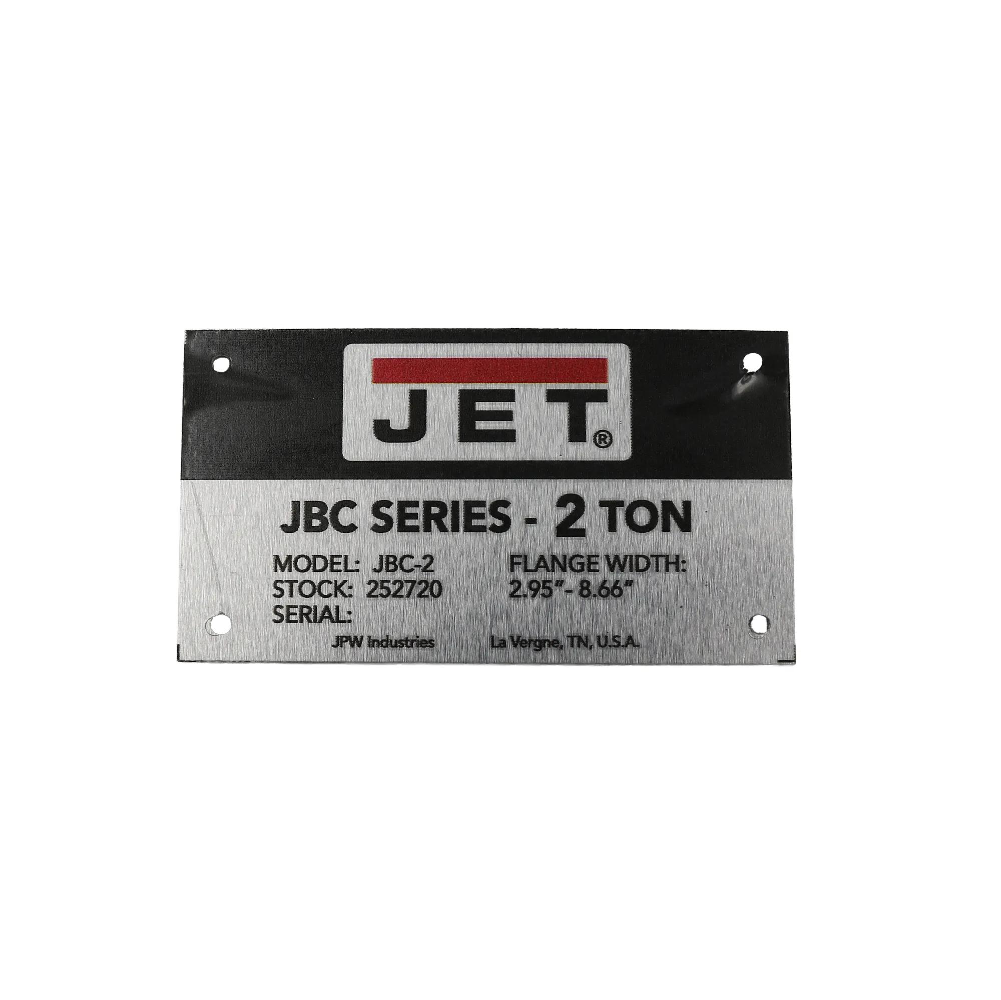Name Plate JBC-2 for JET Machinery (LM000091)