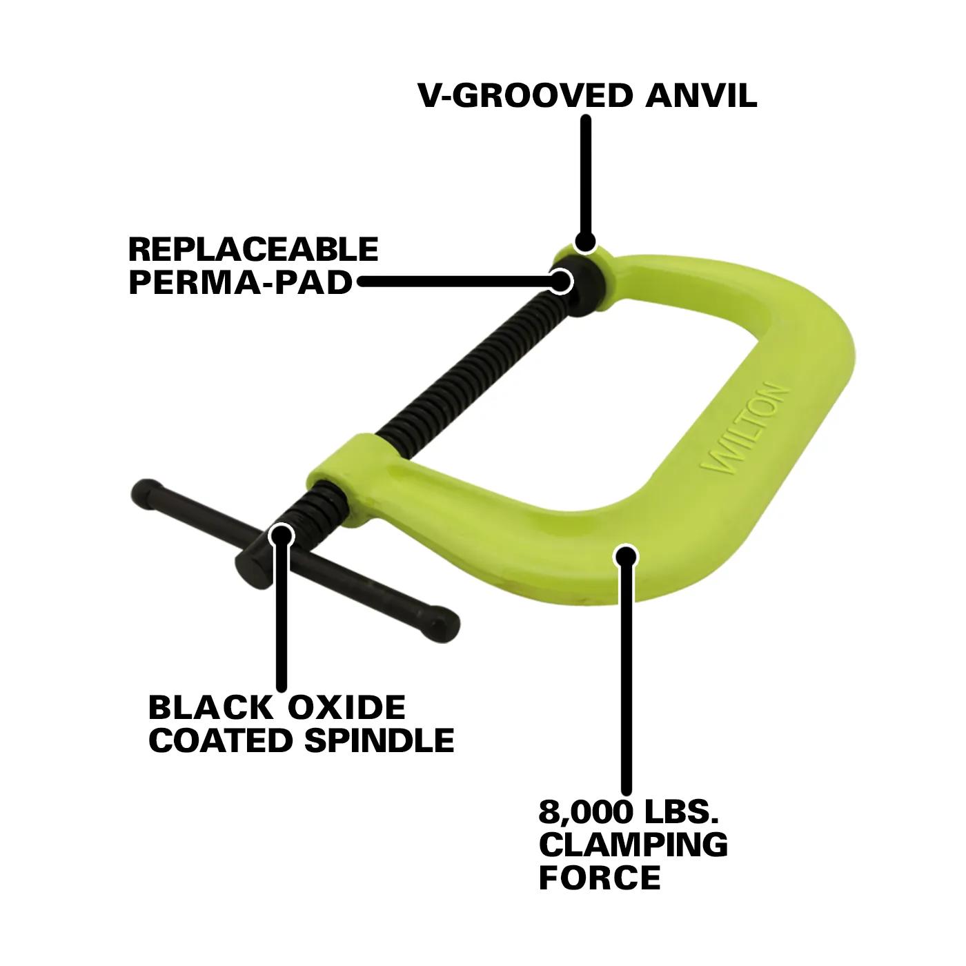 400 Series Hi-Vis Safety C-Clamp,  2" - 10-1/8" Jaw Opening, 5-7/8" Throat Depth