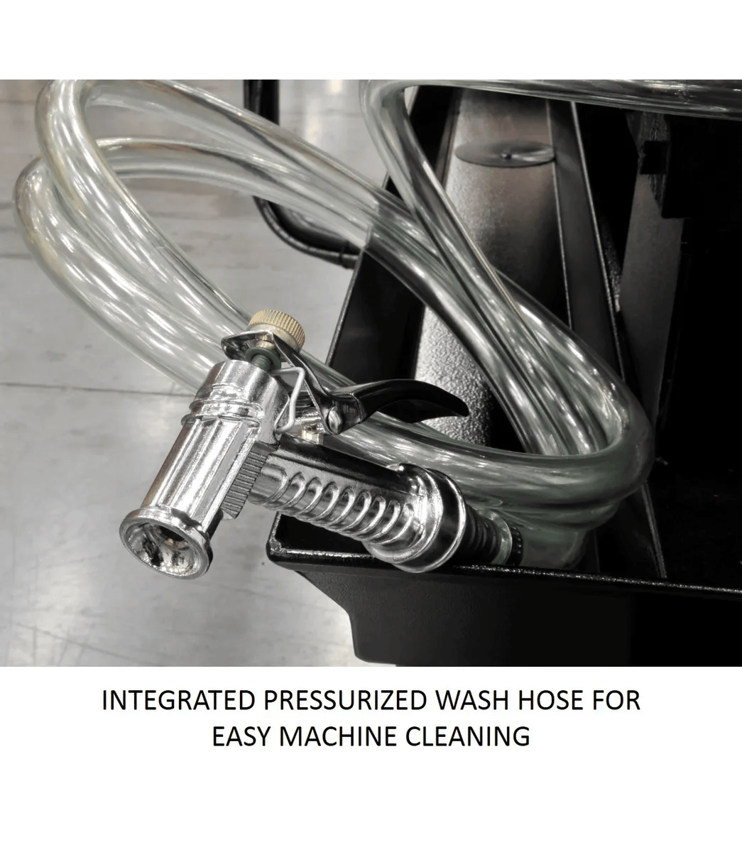 Integrated pressured wash hose for easy machine cleaning of debris