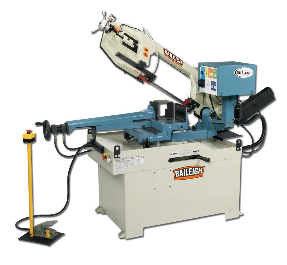 Baileigh BS-350SA gear-driven dual miter band saw with cast iron base, hydraulic downfeed, and swivel head for precise angled metal cuts