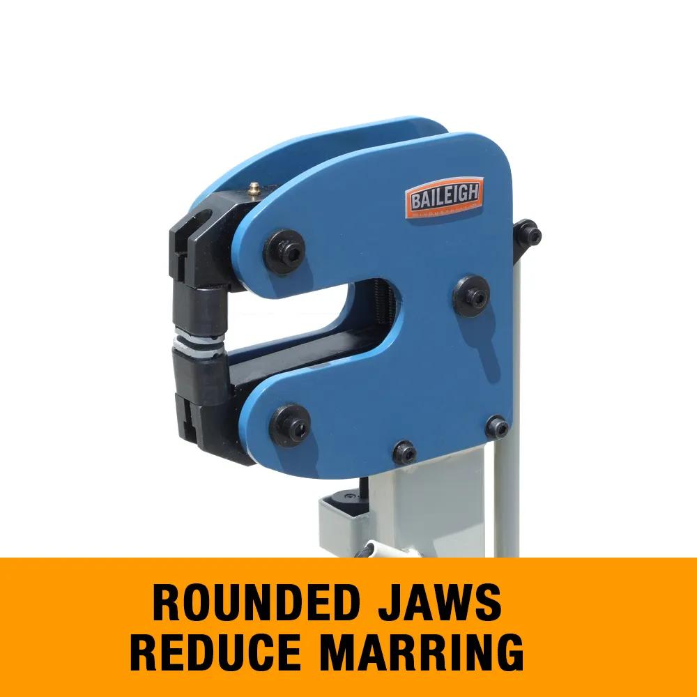 Rounded jaws keep marring to a minimum (unlike square jaws). You won’t have to spend as much time finishing a part afterwards