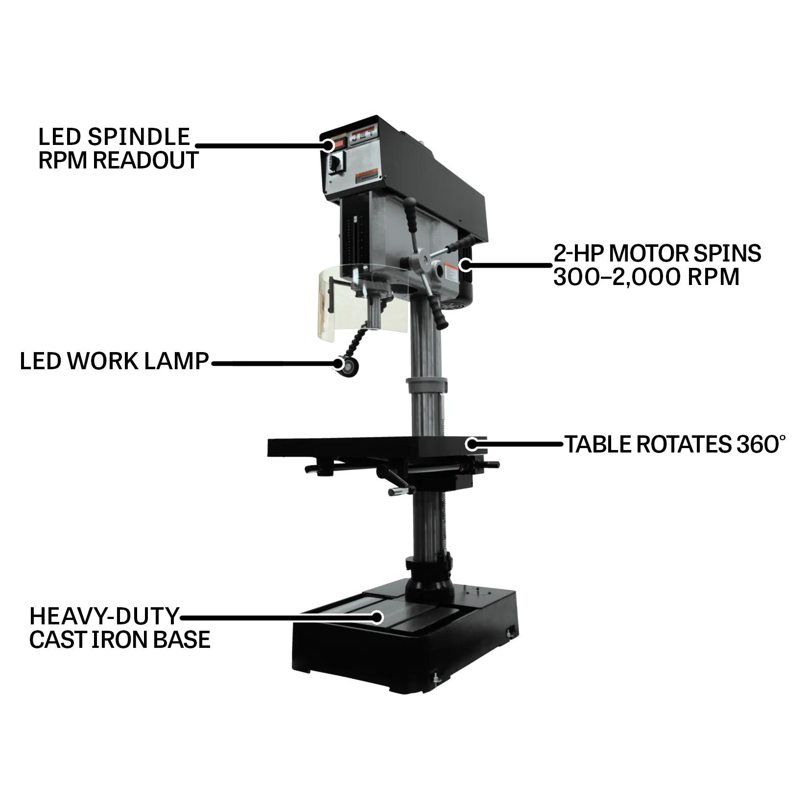 20" Swing, 1-1/4 Drilling Capacity, 2HP, 115/230V 1PH(JDP-20VS-1)