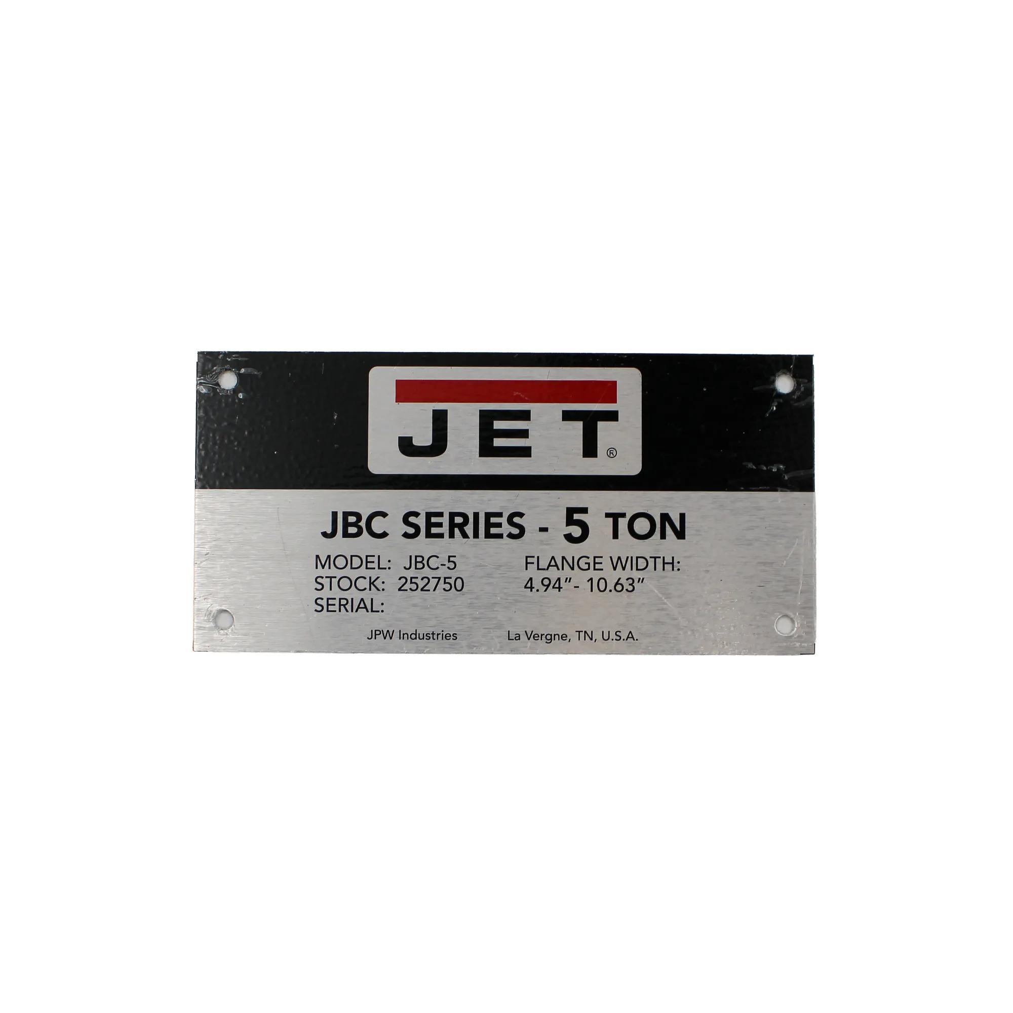 Name Plate JBC-5 for JET Machinery (LM000093)