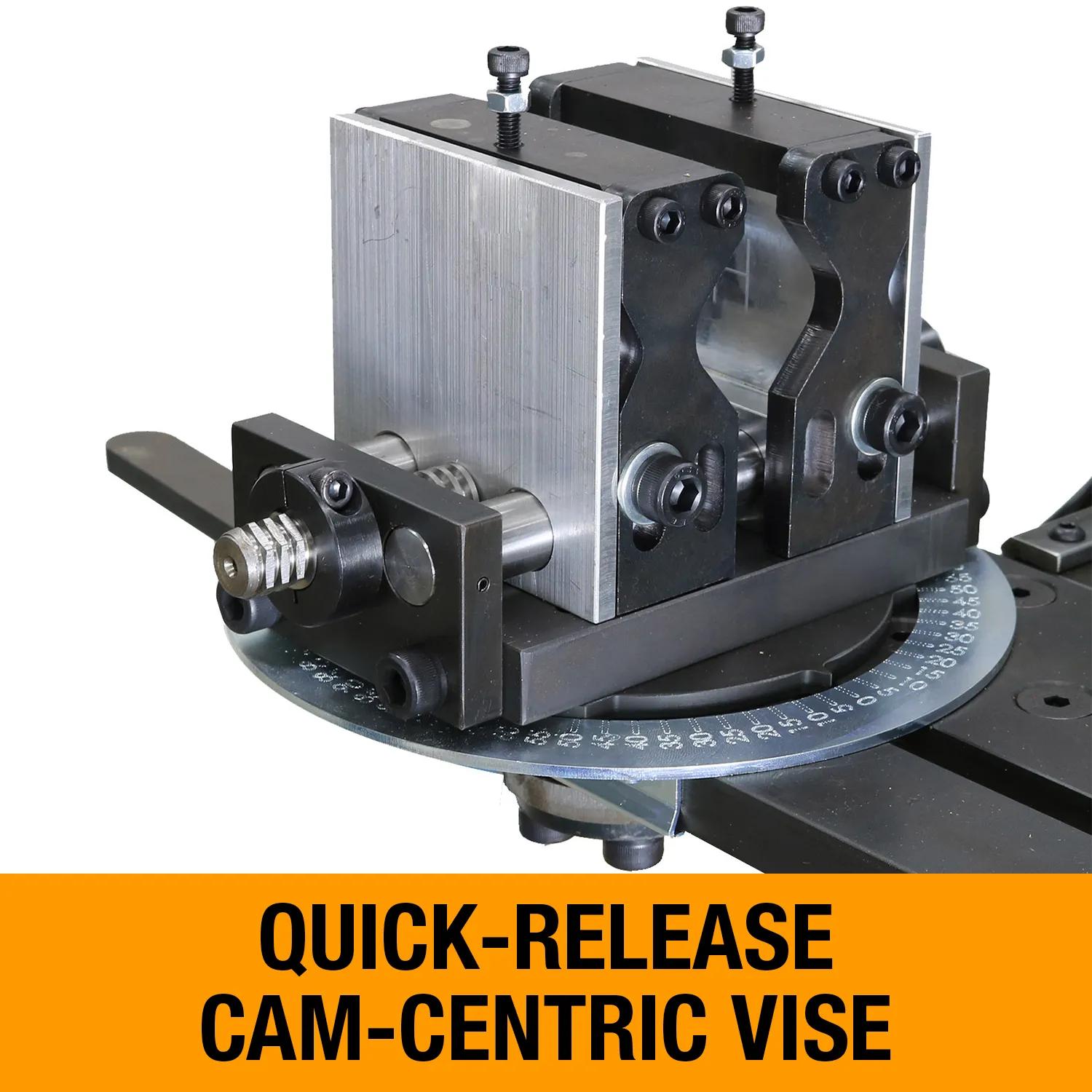 Quick-release cam-centric vise and solid taper lock enable you to set up different notch angles in seconds.