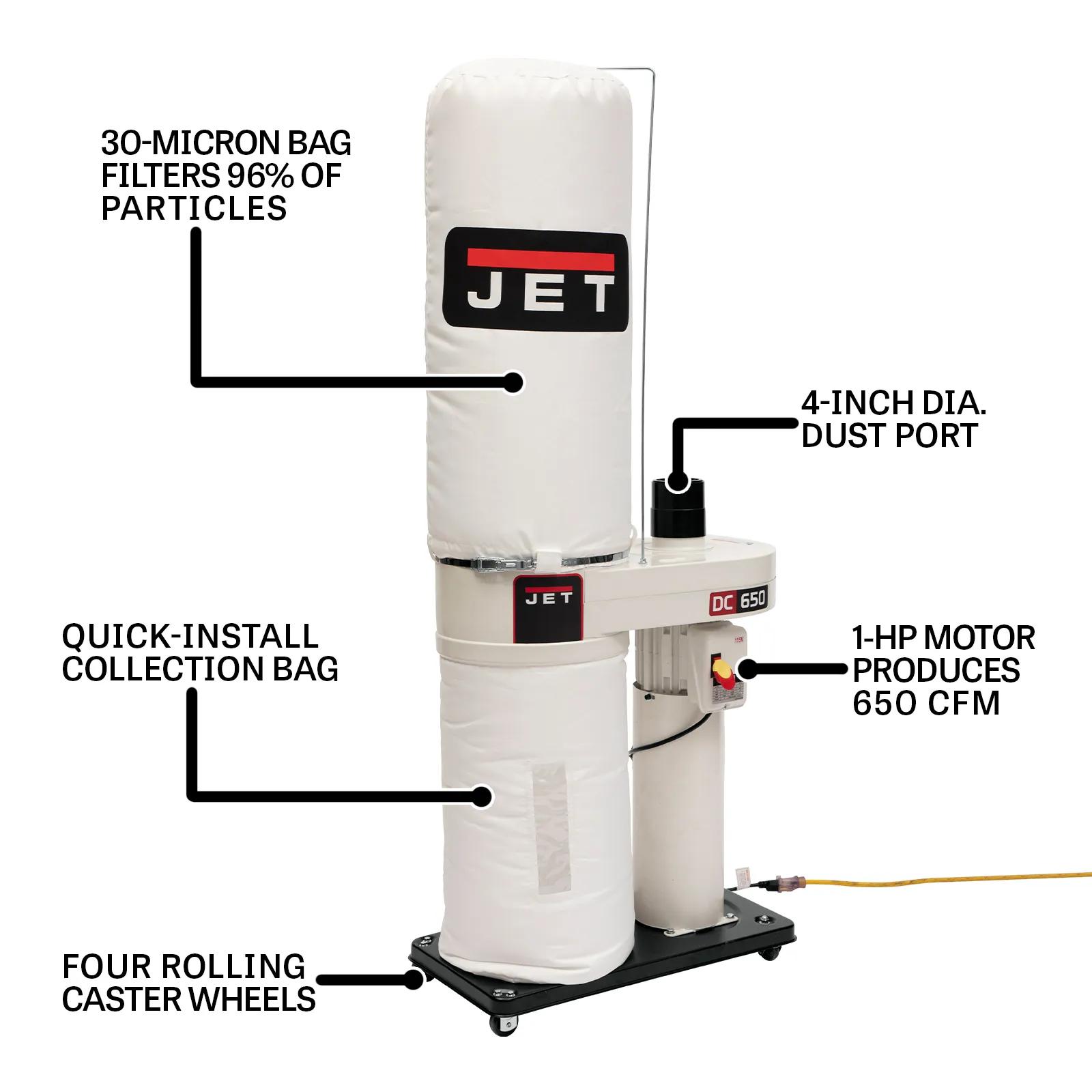 650 CFM, Dust Collector w/ 30 Micron Filter Bags, 1HP, 115/230V 1PH(DC-650BK)