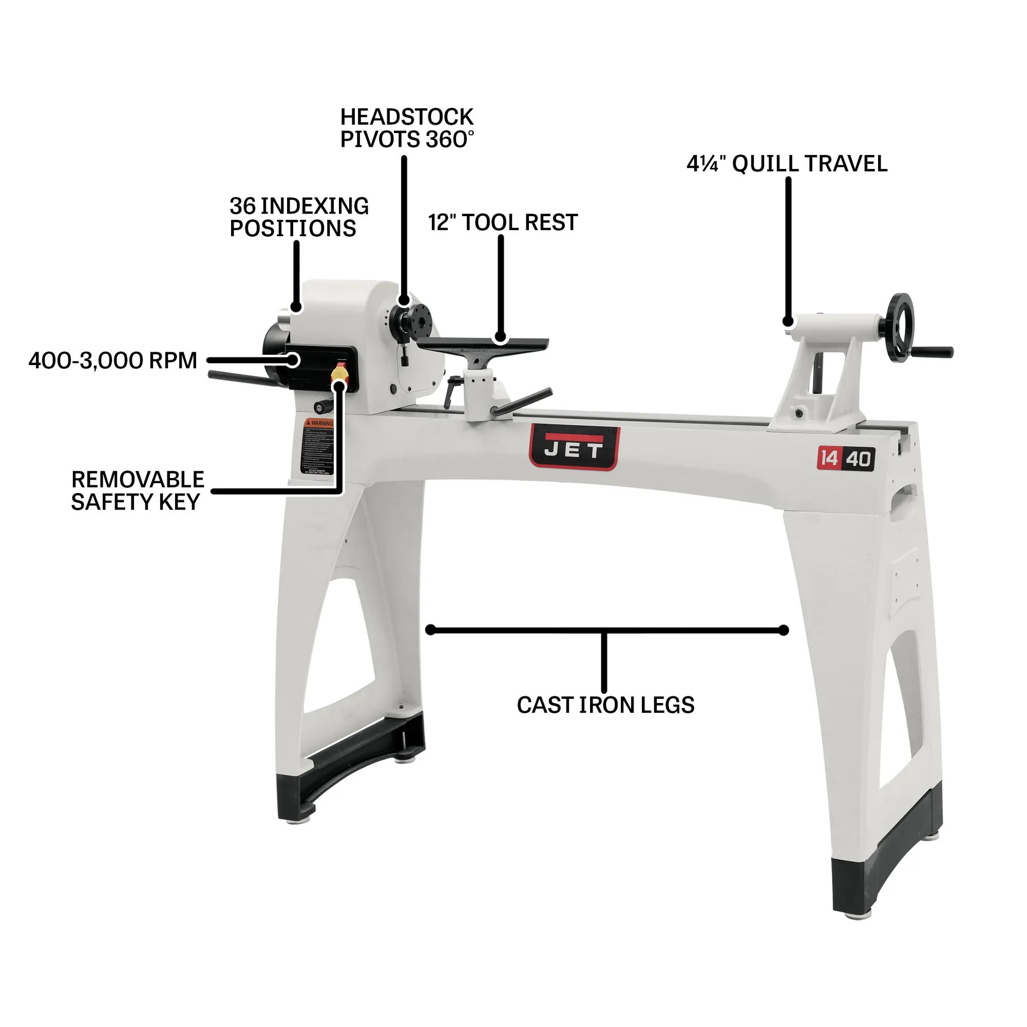 14" x 40". Wood Lathe w/ Legs, 1HP, 115/230V 1PH(JWL-1440VSK)