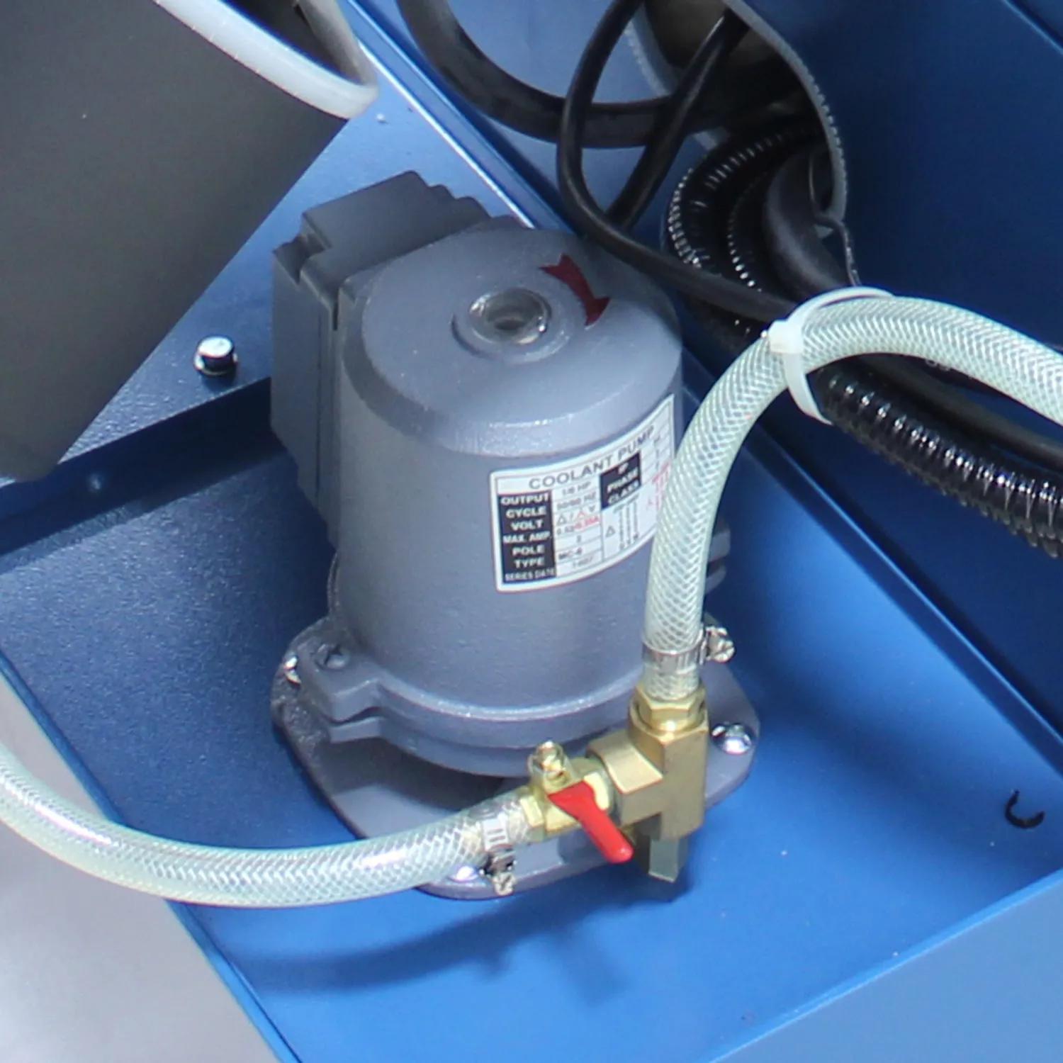 Saw head miters up to 45° with a large-capacity flood coolant system that washes away metal chips and helps blades last longer