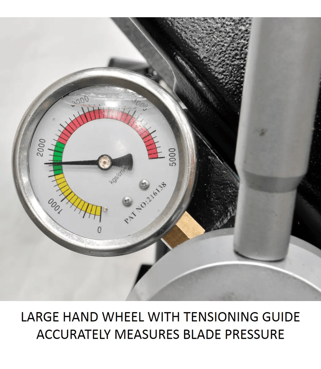 Large hand wheel with tensioning guide to accurately measures blade pressure