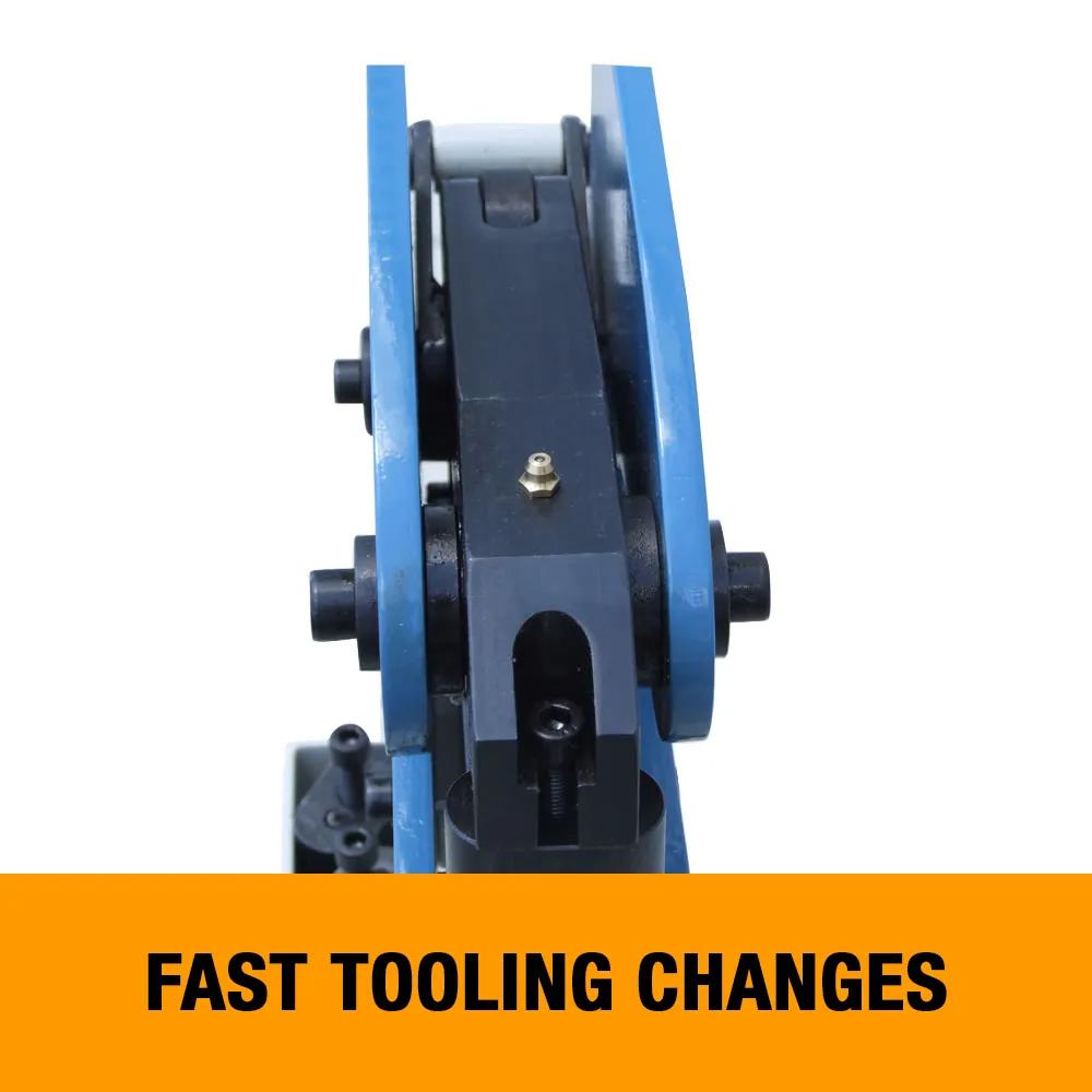 Jaw design allows for fast tooling changes. Just unscrew the jaw with an Allen wrench, lift the tooling out, replace it, and screw it in