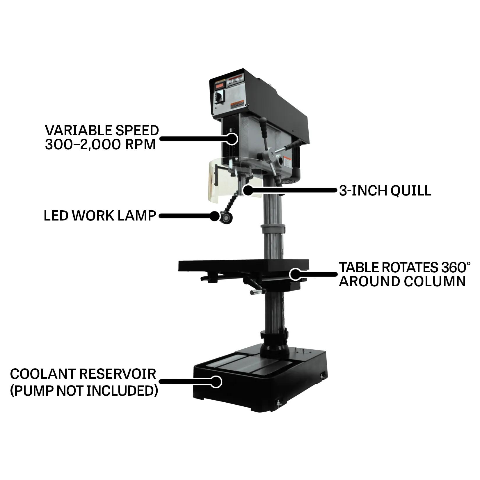 20" Swing, 1-1/2 Drilling Capacity, 2HP, 230V 3PH(JDP-20VS-3)