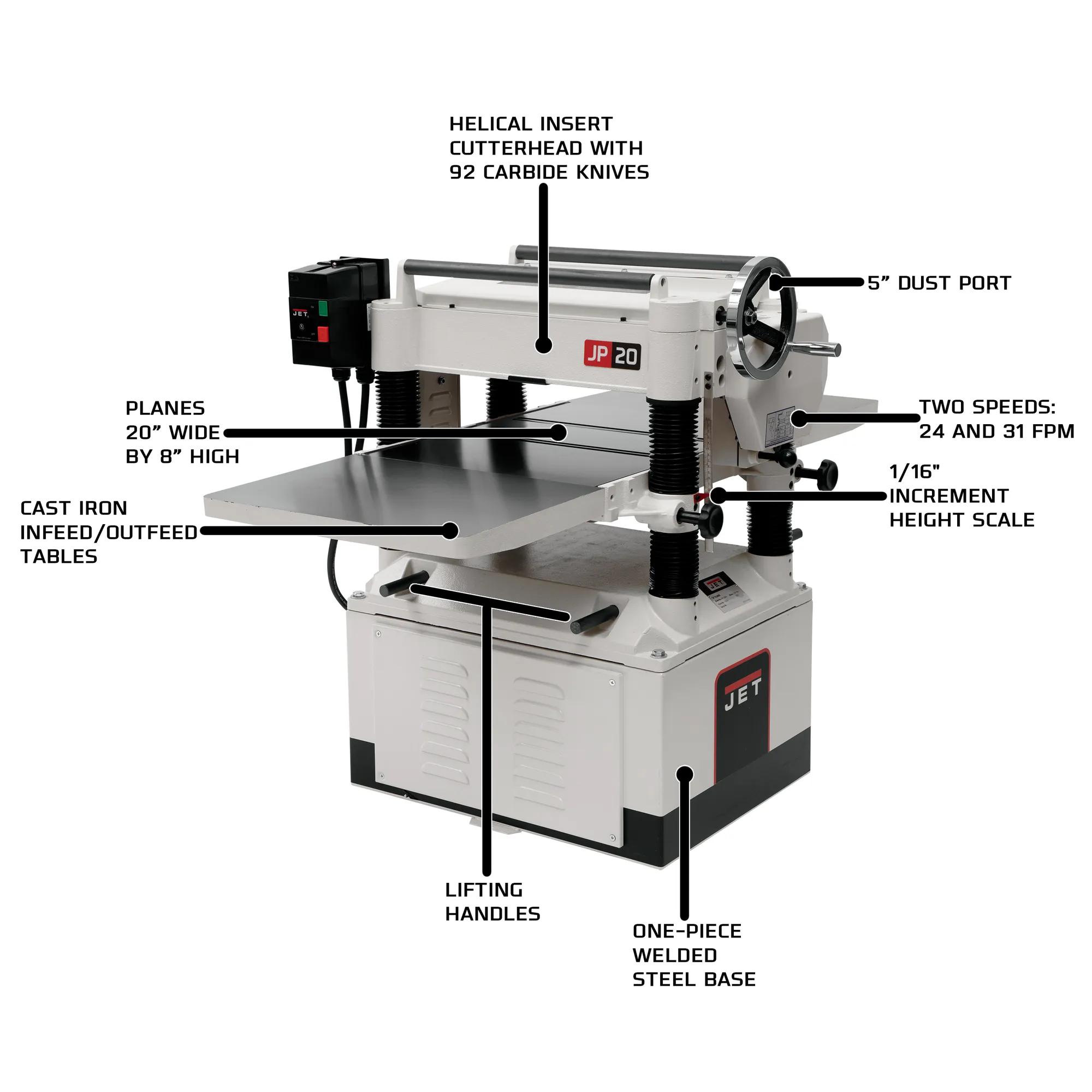 20" Helical Head Wood Planer, 5HP, 1Ph(JWP-208HH)