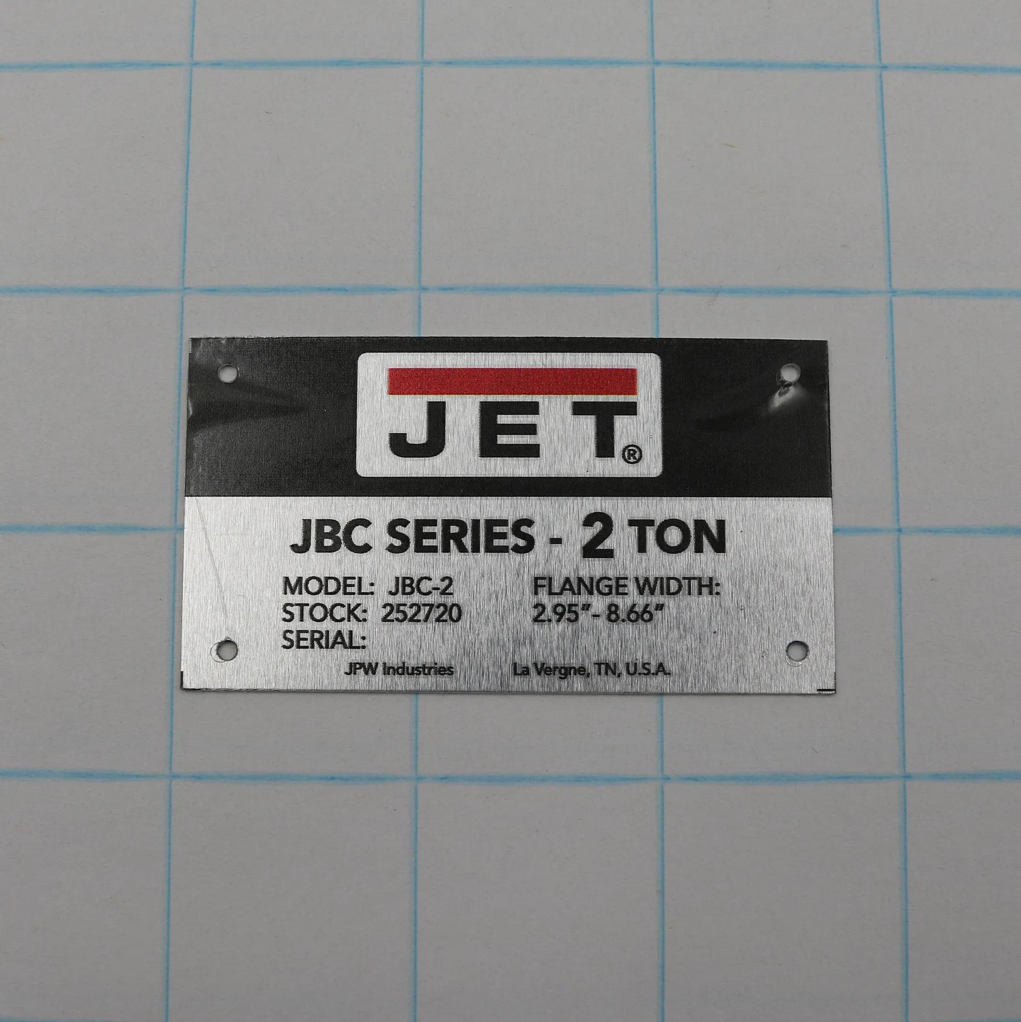 Name Plate JBC-2 for JET Machinery (LM000091)